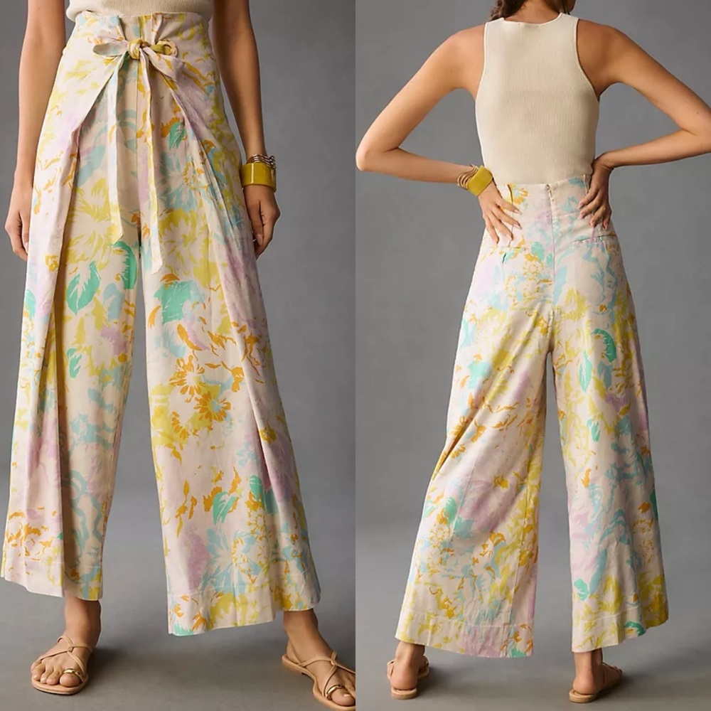 Anthropologie Maeve linen blend wide leg pants pastel print